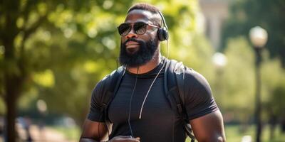 ai généré africain américain homme en marchant par le parc portant écouteurs génératif ai photo