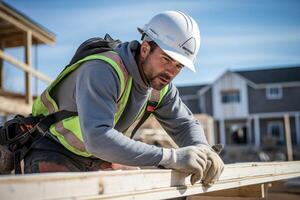 ai généré constructeur dans une difficile chapeau à une construction site génératif ai photo