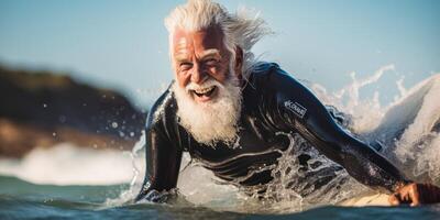 ai généré personnes âgées homme avec surfeur génératif ai photo