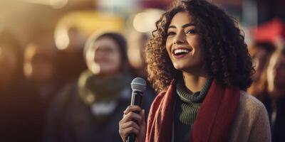 ai généré fille avec microphone Publique Parlant génératif ai photo