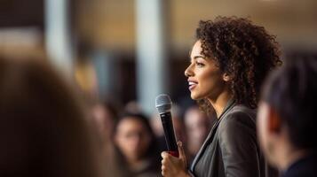 ai généré fille avec microphone Publique Parlant génératif ai photo