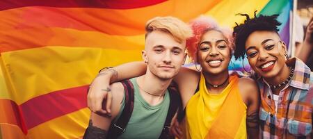 ai généré Jeune gens à le gay fierté parade génératif ai photo