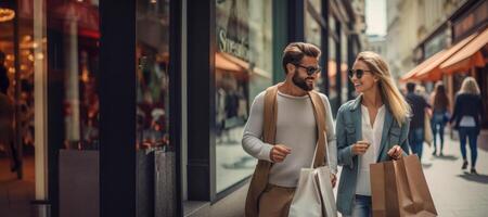 ai généré Jeune couple en marchant vers le bas le rue achats génératif ai photo