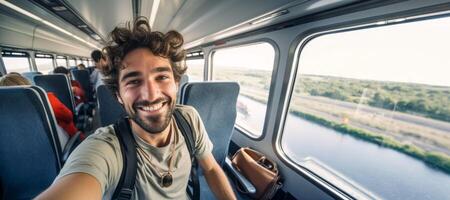 ai généré Masculin touristique prise selfie sur train génératif ai photo