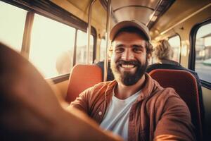 ai généré Masculin touristique prise selfie sur train génératif ai photo