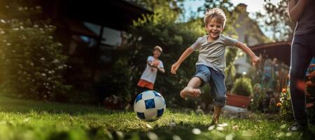 ai généré enfant en jouant Football dans le arrière-cour génératif ai photo