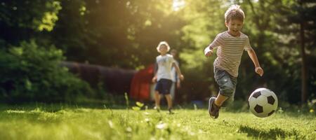 ai généré enfant en jouant Football dans le arrière-cour génératif ai photo