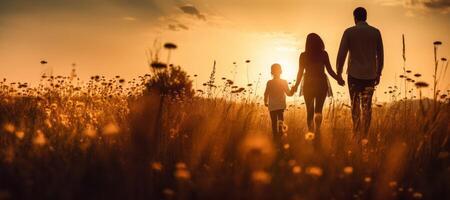 ai généré silhouette de une famille avec une enfant dans une champ à le coucher du soleil génératif ai photo
