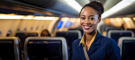 ai généré Afro-américain vol préposé dans le cabine de le avion génératif ai photo