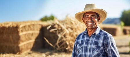 ai généré agriculteur dans une chapeau dans le sien champ génératif ai photo