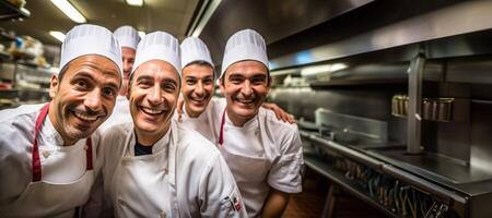 ai généré équipe de souriant chefs dans le cuisine génératif ai photo