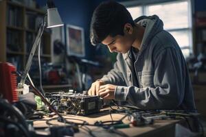 ai généré Jeune homme réparer un électronique dispositif génératif ai photo