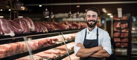 ai généré portrait de une Masculin Boucher avec Viande dans le Contexte génératif ai photo