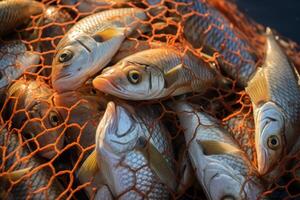 ai généré une lot de poisson dans pêche filets génératif ai photo