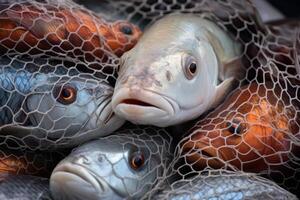 ai généré une lot de poisson dans pêche filets génératif ai photo