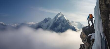 ai généré Roche grimpeur sur Haut de neigeux montagnes génératif ai photo