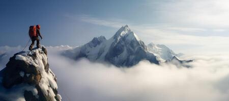 ai généré Roche grimpeur sur Haut de neigeux montagnes génératif ai photo