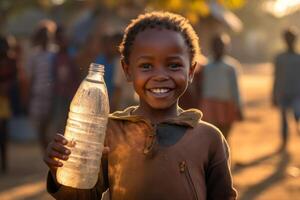 ai généré content africain enfant en portant une bouteille de nettoyer l'eau génératif ai photo