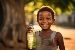 ai généré content africain enfant en portant une bouteille de nettoyer l'eau génératif ai photo