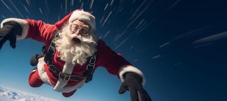 ai généré Père Noël claus parachutiste dans le ciel génératif ai photo