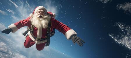 ai généré Père Noël claus parachutiste dans le ciel génératif ai photo