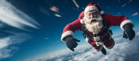 ai généré Père Noël claus parachutiste dans le ciel génératif ai photo