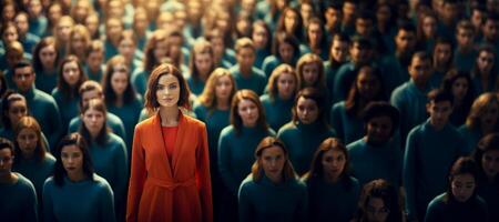 ai généré femme dans le foule Souligné génératif ai photo