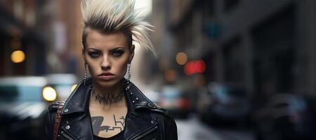 ai généré portrait de une cool punk fille dans le gros ville génératif ai photo