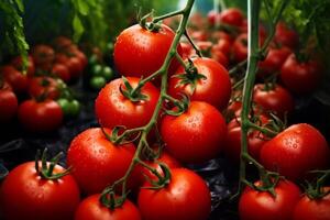 ai généré rouge tomates sur branches génératif ai photo