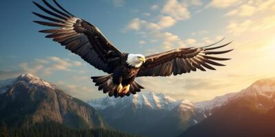 ai généré Nord américain chauve Aigle en volant plus de le montagnes génératif ai photo
