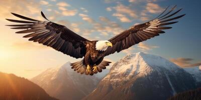 ai généré Nord américain chauve Aigle en volant plus de le montagnes génératif ai photo