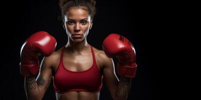 ai généré femme dans boxe gants sur noir Contexte génératif ai photo