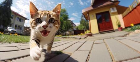 ai généré visage de une chat fonctionnement vers le bas le rue fermer génératif ai photo