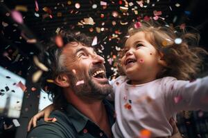 ai généré père avec le sien enfant en jouant dans le confettis pluie génératif ai photo