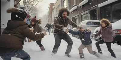 ai généré famille et enfant en jouant boules de neige génératif ai photo