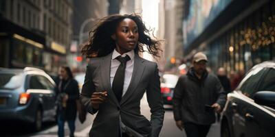 ai généré une sur de soi femme d'affaires des promenades le long de une ville rue dans une formel costume génératif ai photo