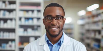 ai généré Masculin pharmacien contre le Contexte de pharmacie étagères avec médicaments génératif ai photo