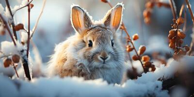 ai généré lapin dans le hiver forêt génératif ai photo