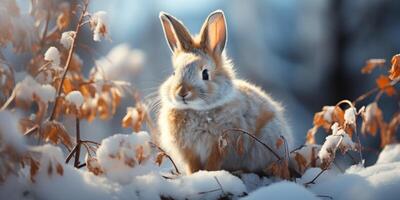 ai généré lapin dans le hiver forêt génératif ai photo