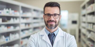 ai généré Masculin pharmacien contre le Contexte de pharmacie étagères avec médicaments génératif ai photo