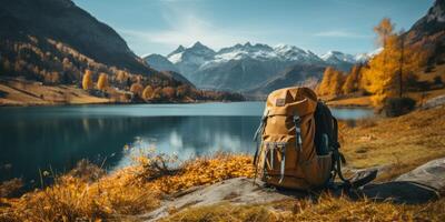 ai généré sac à dos contre le Contexte de un l'automne paysage génératif ai photo