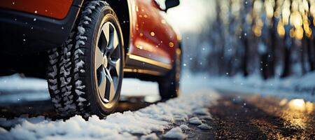 ai généré voiture roues sur une hiver route fermer génératif ai photo