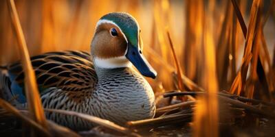 ai généré eurasien sarcelle canard sur le Lac génératif ai photo