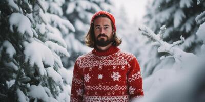 ai généré homme dans une Noël tricoté chandail sur le neigeux à l'extérieur génératif ai photo
