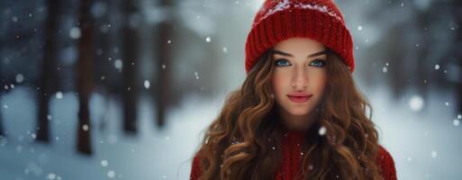 ai généré femme dans une Noël tricoté chandail sur le neigeux à l'extérieur génératif ai photo