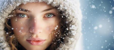 ai généré fille avec neige sur sa visage fermer portrait génératif ai photo