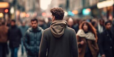 ai généré une homme des stands dans le milieu de une foule sur une ville rue génératif ai photo