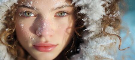 ai généré fille avec neige sur sa visage fermer portrait génératif ai photo