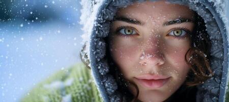 ai généré fille avec neige sur sa visage fermer portrait génératif ai photo