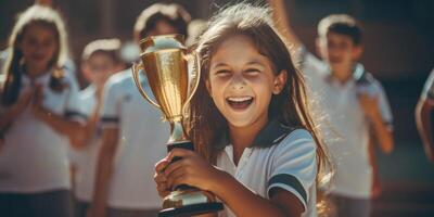 ai généré enfant fille avec tasse célébrer la victoire génératif ai photo